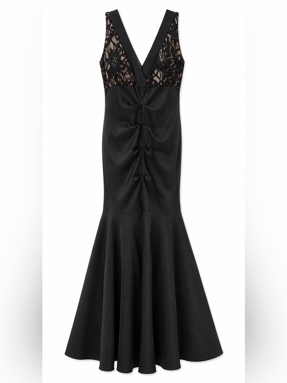 R&M Richards Black Ruched Mermaid Maxi long gown with sequin detail